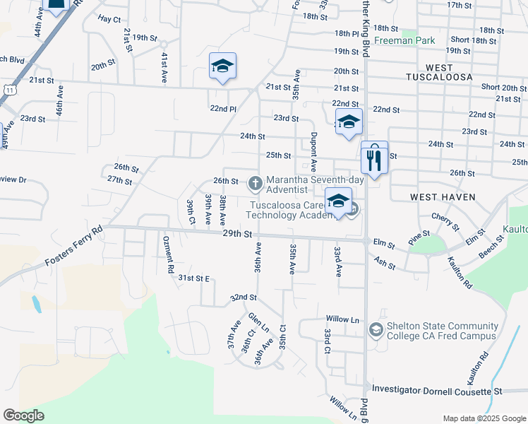 map of restaurants, bars, coffee shops, grocery stores, and more near 2 Oak Ridge in Tuscaloosa