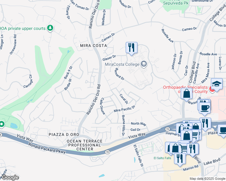 map of restaurants, bars, coffee shops, grocery stores, and more near 3154 Buena Hills Drive in Oceanside