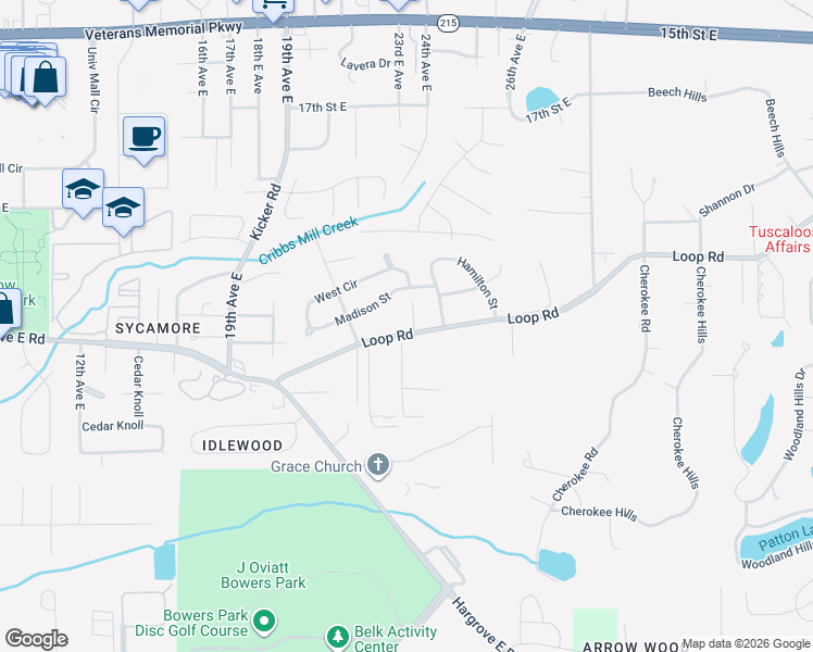 map of restaurants, bars, coffee shops, grocery stores, and more near 2116 Loop Road in Tuscaloosa