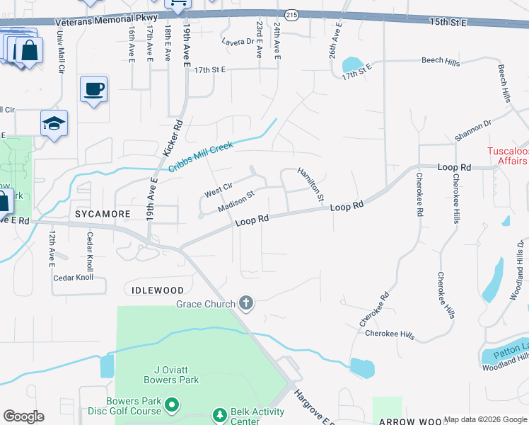 map of restaurants, bars, coffee shops, grocery stores, and more near 2116 Loop Road in Tuscaloosa