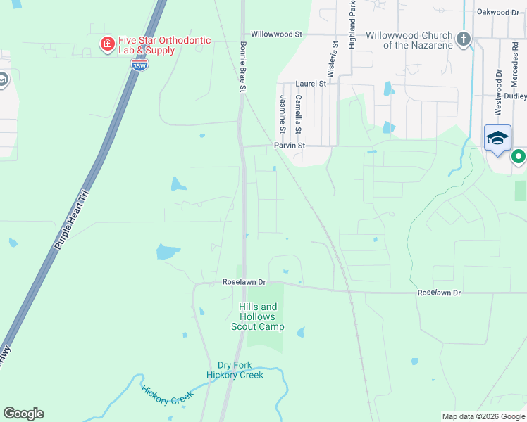 map of restaurants, bars, coffee shops, grocery stores, and more near 2657 South Bonnie Brae Street in Denton