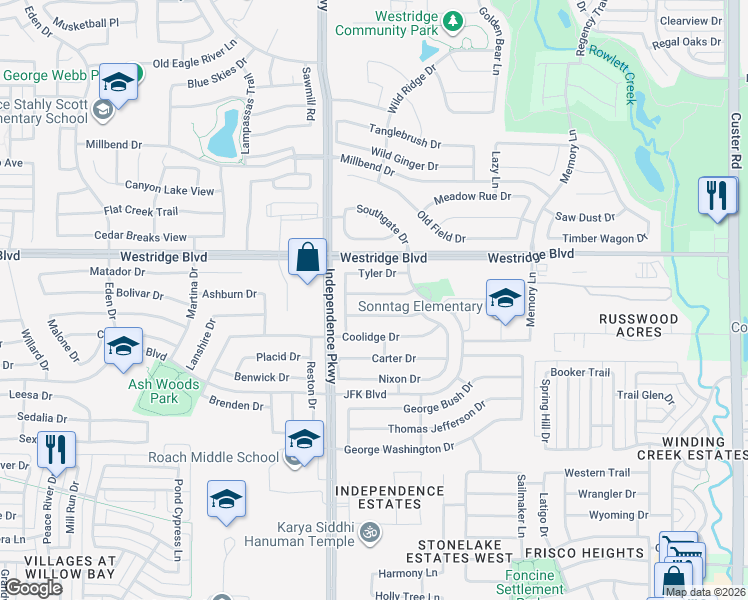 map of restaurants, bars, coffee shops, grocery stores, and more near 9833 Fillmore Drive in McKinney