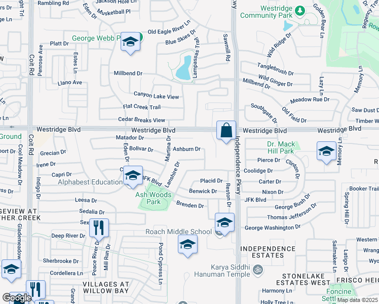 map of restaurants, bars, coffee shops, grocery stores, and more near 10229 Ashburn Drive in McKinney