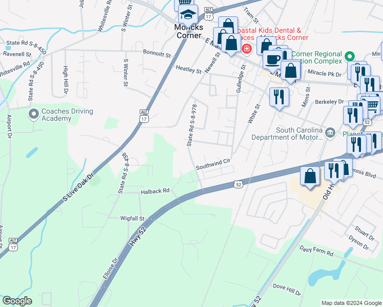 map of restaurants, bars, coffee shops, grocery stores, and more near 316b State Road S-8-978 in Moncks Corner