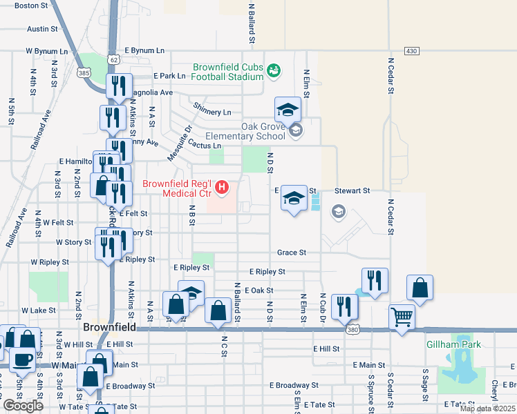 map of restaurants, bars, coffee shops, grocery stores, and more near 907 East Felt Street in Brownfield