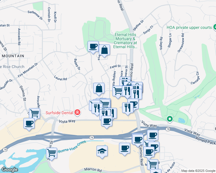 map of restaurants, bars, coffee shops, grocery stores, and more near 2163 Via Esmarca in Oceanside