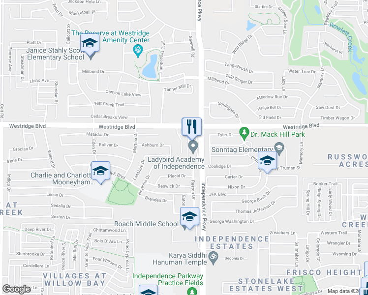 map of restaurants, bars, coffee shops, grocery stores, and more near 1821 Houghton Drive in McKinney
