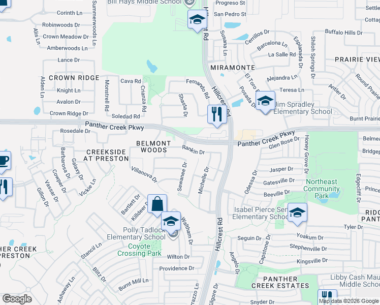 map of restaurants, bars, coffee shops, grocery stores, and more near 13265 Ambrose Drive in Frisco