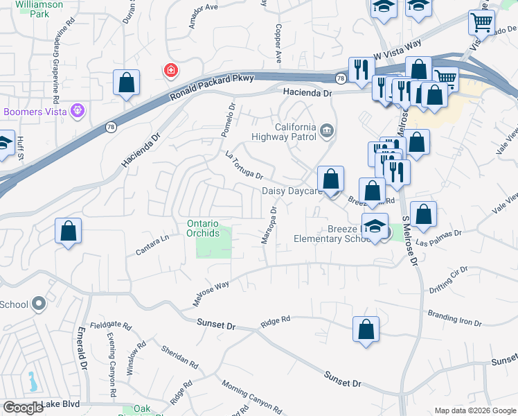 map of restaurants, bars, coffee shops, grocery stores, and more near 640 Via Bogota in Vista