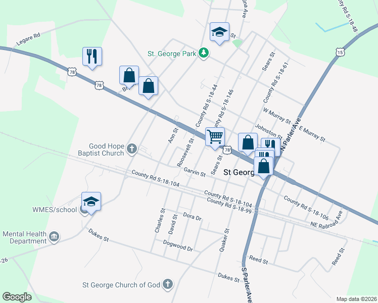 map of restaurants, bars, coffee shops, grocery stores, and more near 202 Roosevelt Street in Saint George