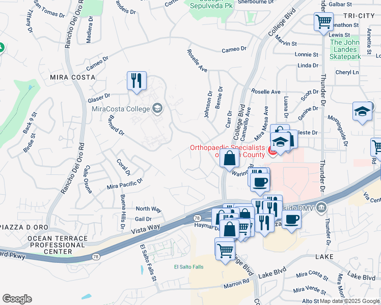map of restaurants, bars, coffee shops, grocery stores, and more near Daisy Place in Oceanside