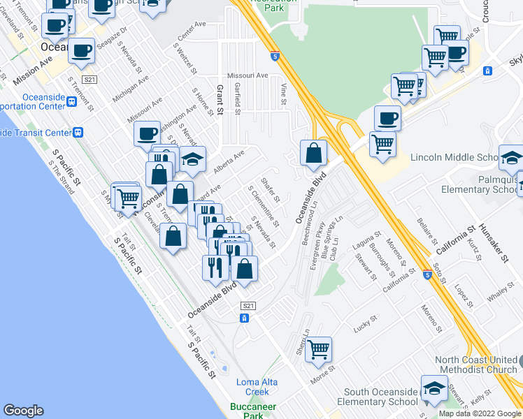 map of restaurants, bars, coffee shops, grocery stores, and more near 1039 South Clementine Street in Oceanside