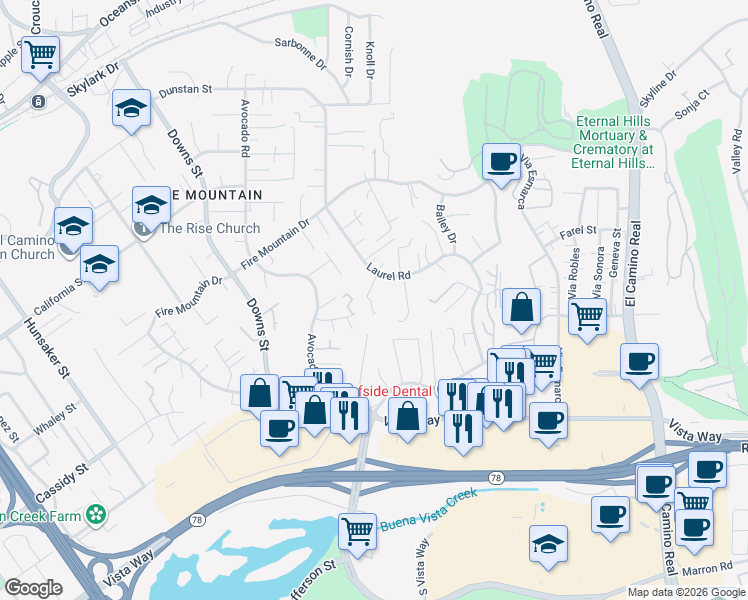 map of restaurants, bars, coffee shops, grocery stores, and more near 1823 Williams Lane in Oceanside