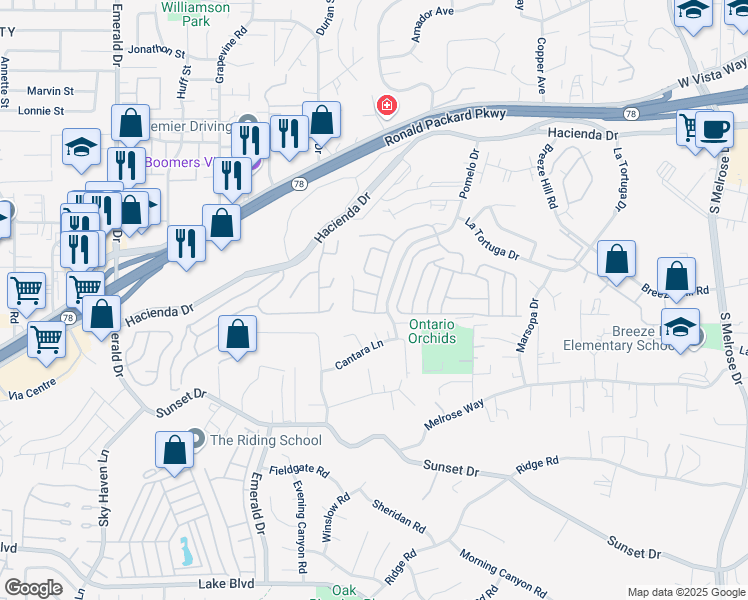 map of restaurants, bars, coffee shops, grocery stores, and more near 1210 Adobe Terrace in Vista