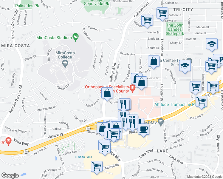 map of restaurants, bars, coffee shops, grocery stores, and more near 3245 Camarillo Avenue in Oceanside