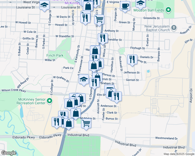 map of restaurants, bars, coffee shops, grocery stores, and more near 1009 South McDonald Street in McKinney