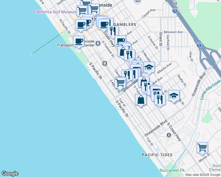 map of restaurants, bars, coffee shops, grocery stores, and more near 618 South Pacific Street in Oceanside