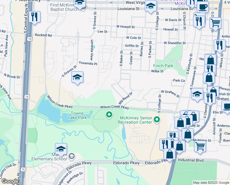 map of restaurants, bars, coffee shops, grocery stores, and more near 1205 Firewheel Place in McKinney
