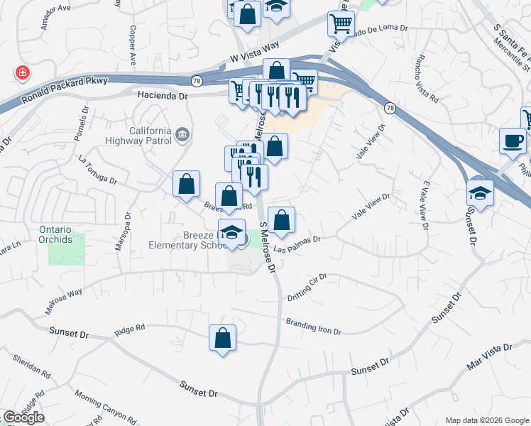 map of restaurants, bars, coffee shops, grocery stores, and more near in Vista