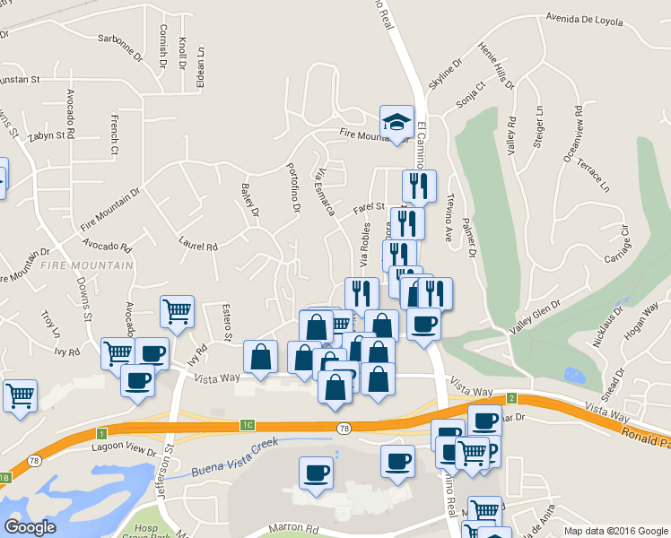 map of restaurants, bars, coffee shops, grocery stores, and more near 2163 Via Esmarca in Oceanside