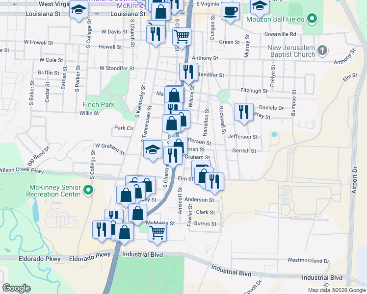 map of restaurants, bars, coffee shops, grocery stores, and more near 1009 South McDonald Street in McKinney