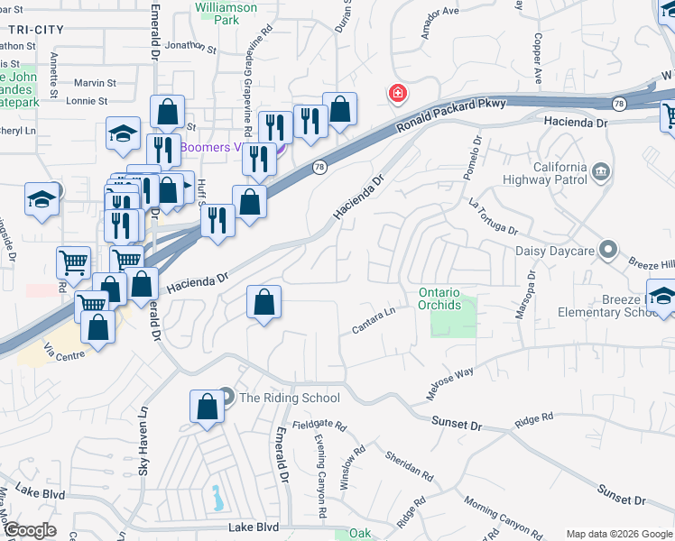 map of restaurants, bars, coffee shops, grocery stores, and more near 1535 Providence Drive in Vista