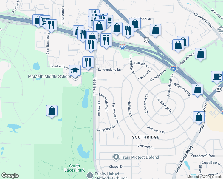 map of restaurants, bars, coffee shops, grocery stores, and more near 2101 Pembrooke Pl in Denton