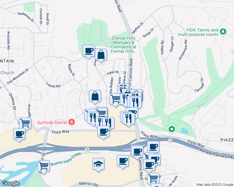 map of restaurants, bars, coffee shops, grocery stores, and more near 2177 Via Sonora in Oceanside
