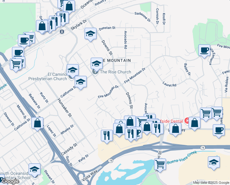 map of restaurants, bars, coffee shops, grocery stores, and more near 2005 Fire Mountain Drive in Oceanside