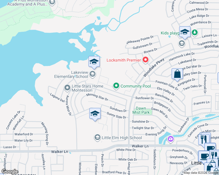 map of restaurants, bars, coffee shops, grocery stores, and more near 3060 Seabrook Drive in Little Elm