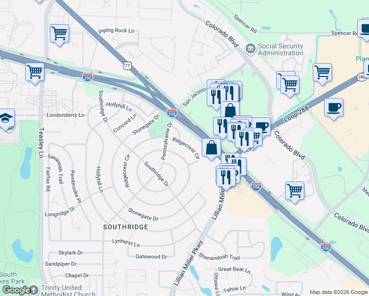 map of restaurants, bars, coffee shops, grocery stores, and more near 1418 Ridgecrest Circle in Denton