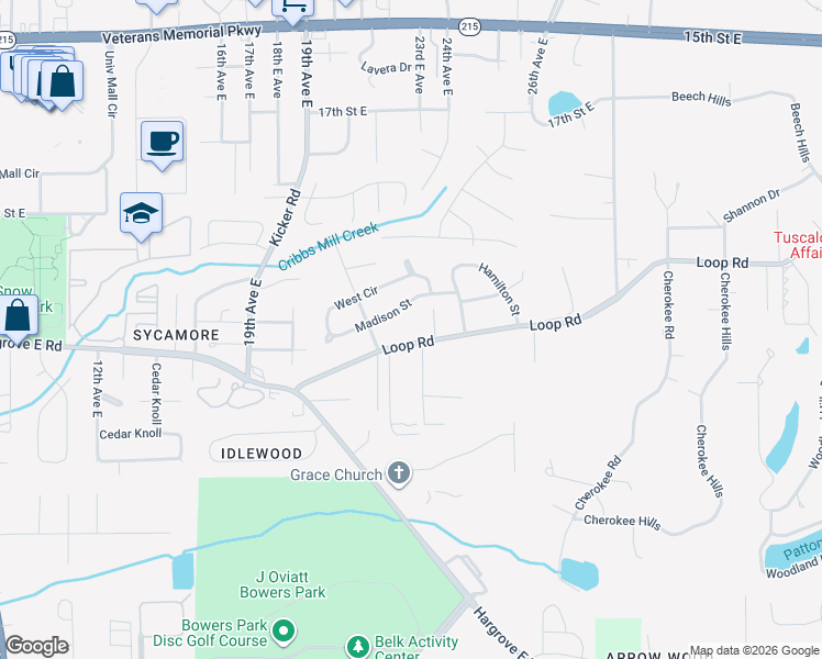 map of restaurants, bars, coffee shops, grocery stores, and more near 2116 Loop Road in Tuscaloosa