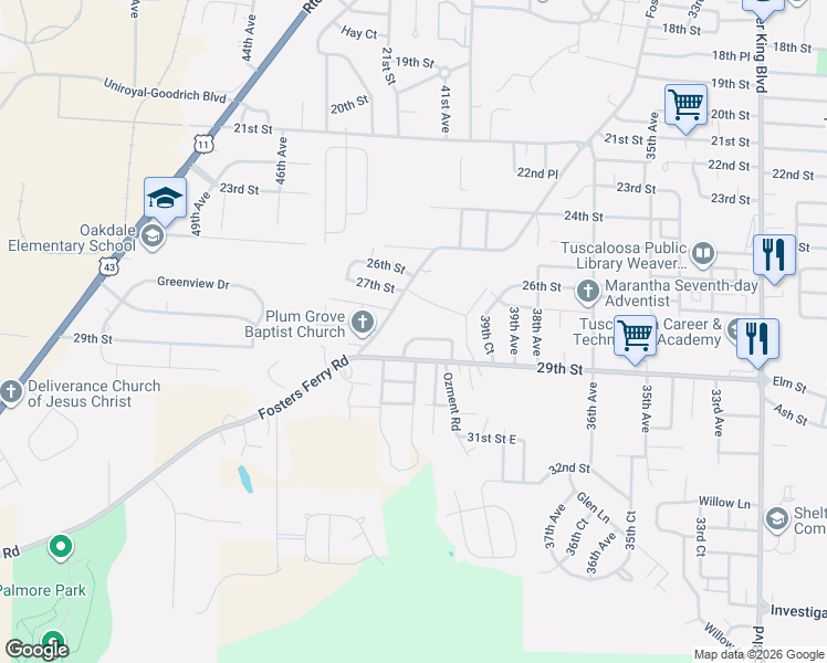 map of restaurants, bars, coffee shops, grocery stores, and more near 4122 28th Place in Tuscaloosa