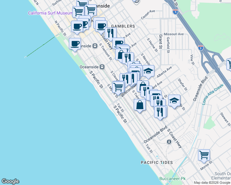 map of restaurants, bars, coffee shops, grocery stores, and more near 704 South Myers Street in Oceanside