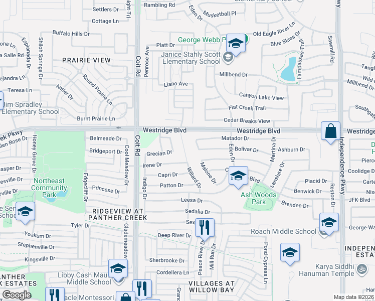 map of restaurants, bars, coffee shops, grocery stores, and more near 1905 Willard Drive in McKinney