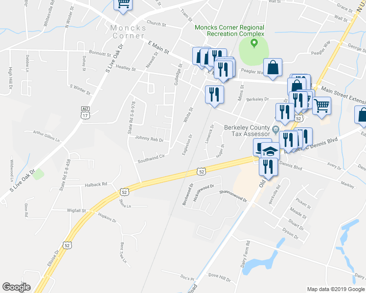 map of restaurants, bars, coffee shops, grocery stores, and more near 401 Eagleston Drive in Moncks Corner