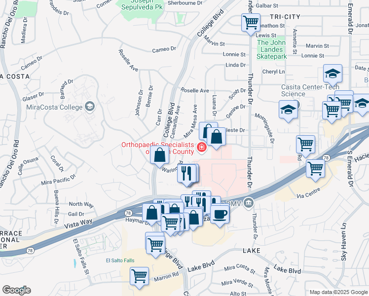 map of restaurants, bars, coffee shops, grocery stores, and more near 3229 Waring Road in Oceanside