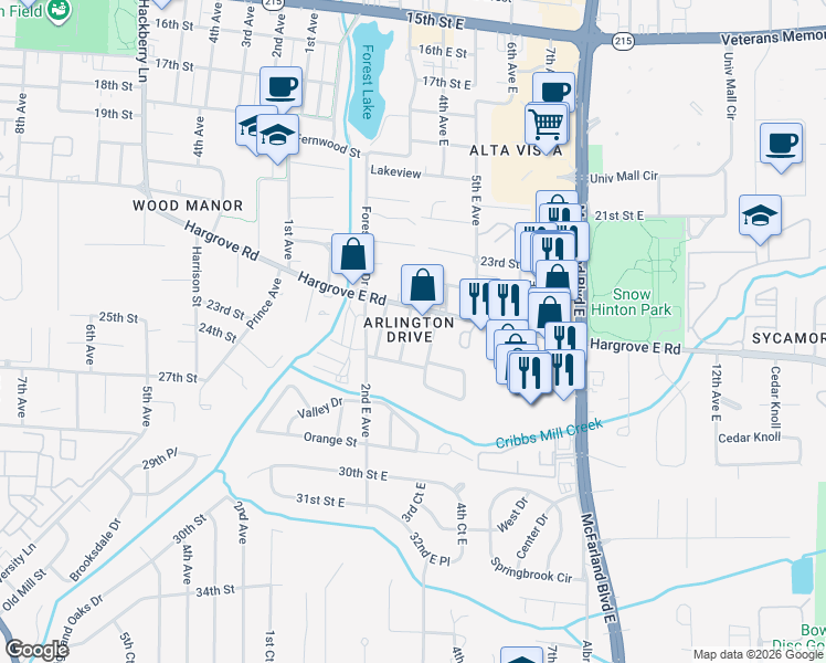 map of restaurants, bars, coffee shops, grocery stores, and more near 13 Arlington Drive in Tuscaloosa