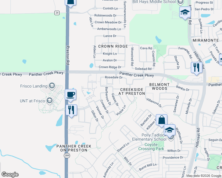 map of restaurants, bars, coffee shops, grocery stores, and more near 13203 Galaxy Drive in Frisco