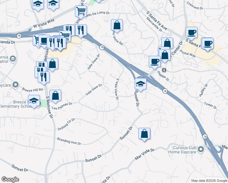 map of restaurants, bars, coffee shops, grocery stores, and more near 1018 Vale View Drive in Vista