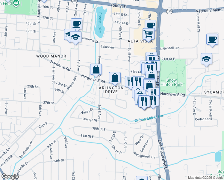 map of restaurants, bars, coffee shops, grocery stores, and more near 13 Arlington Drive in Tuscaloosa
