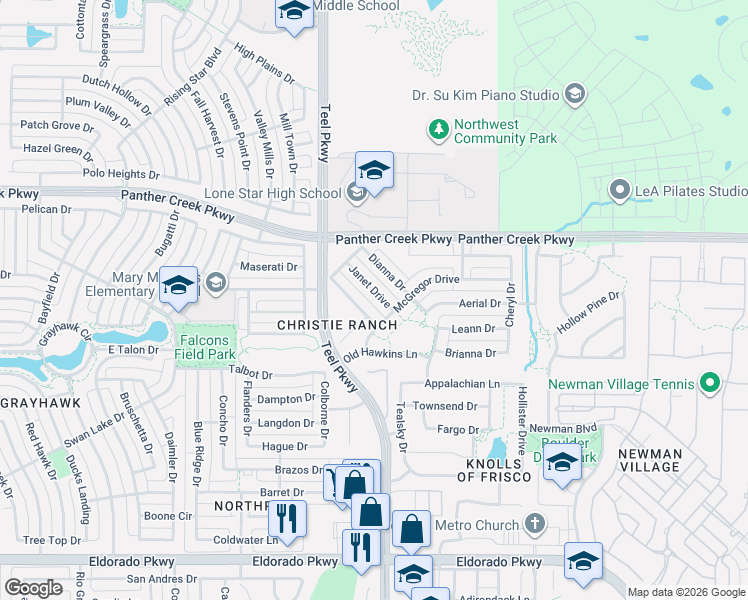 map of restaurants, bars, coffee shops, grocery stores, and more near 13138 Courtney Drive in Frisco