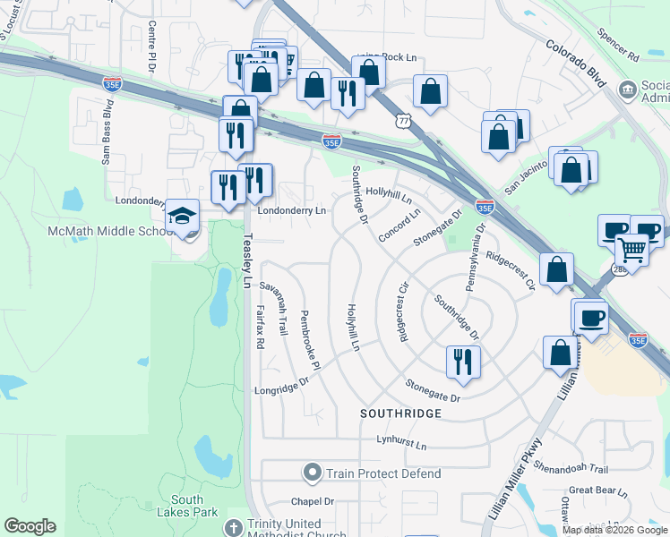 map of restaurants, bars, coffee shops, grocery stores, and more near 2101 Woodbrook Street in Denton