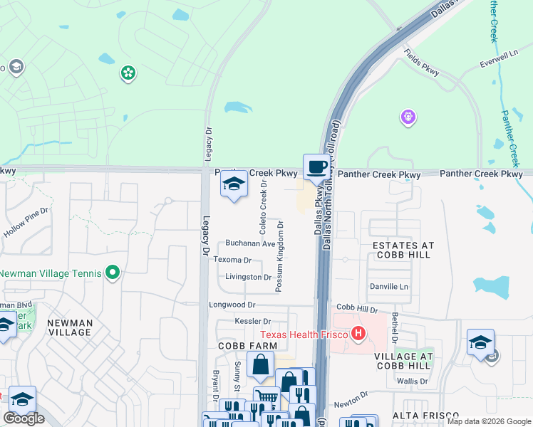 map of restaurants, bars, coffee shops, grocery stores, and more near 5118 Canyon Drive in Frisco
