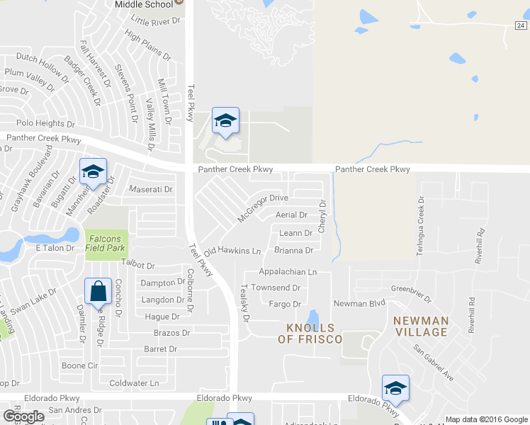 map of restaurants, bars, coffee shops, grocery stores, and more near 2832 Aerial Dr in Frisco