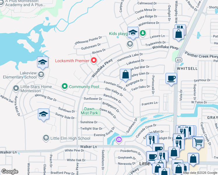 map of restaurants, bars, coffee shops, grocery stores, and more near 2357 Elm Valley Drive in Little Elm