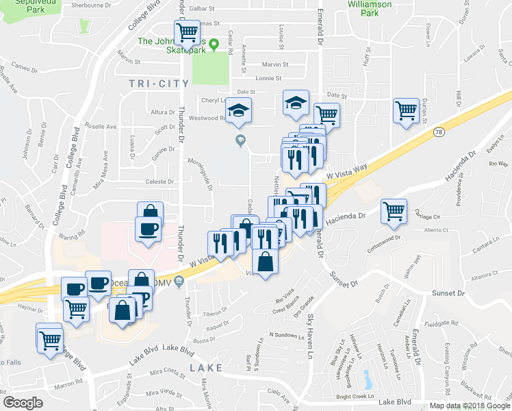 map of restaurants, bars, coffee shops, grocery stores, and more near 124 Cedar Road in Vista