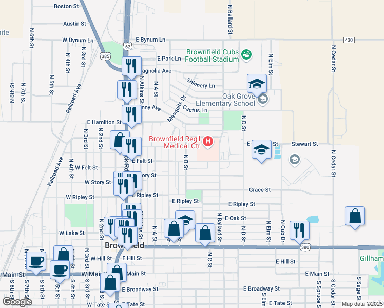 map of restaurants, bars, coffee shops, grocery stores, and more near 601 East Felt Street in Brownfield