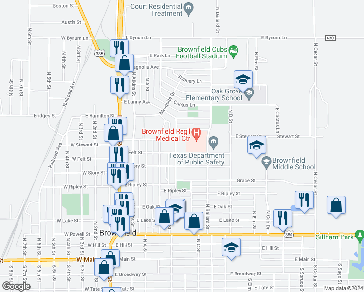 map of restaurants, bars, coffee shops, grocery stores, and more near 601 East Felt Street in Brownfield