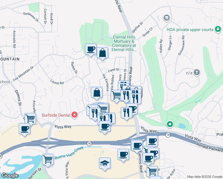 map of restaurants, bars, coffee shops, grocery stores, and more near 2163 Via Esmarca in Oceanside
